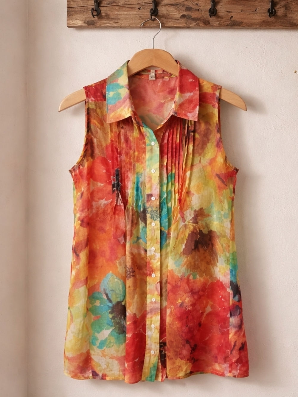 Fever Sleeveless Floral Button-Down Top - Red, Yellow, Green, Blue